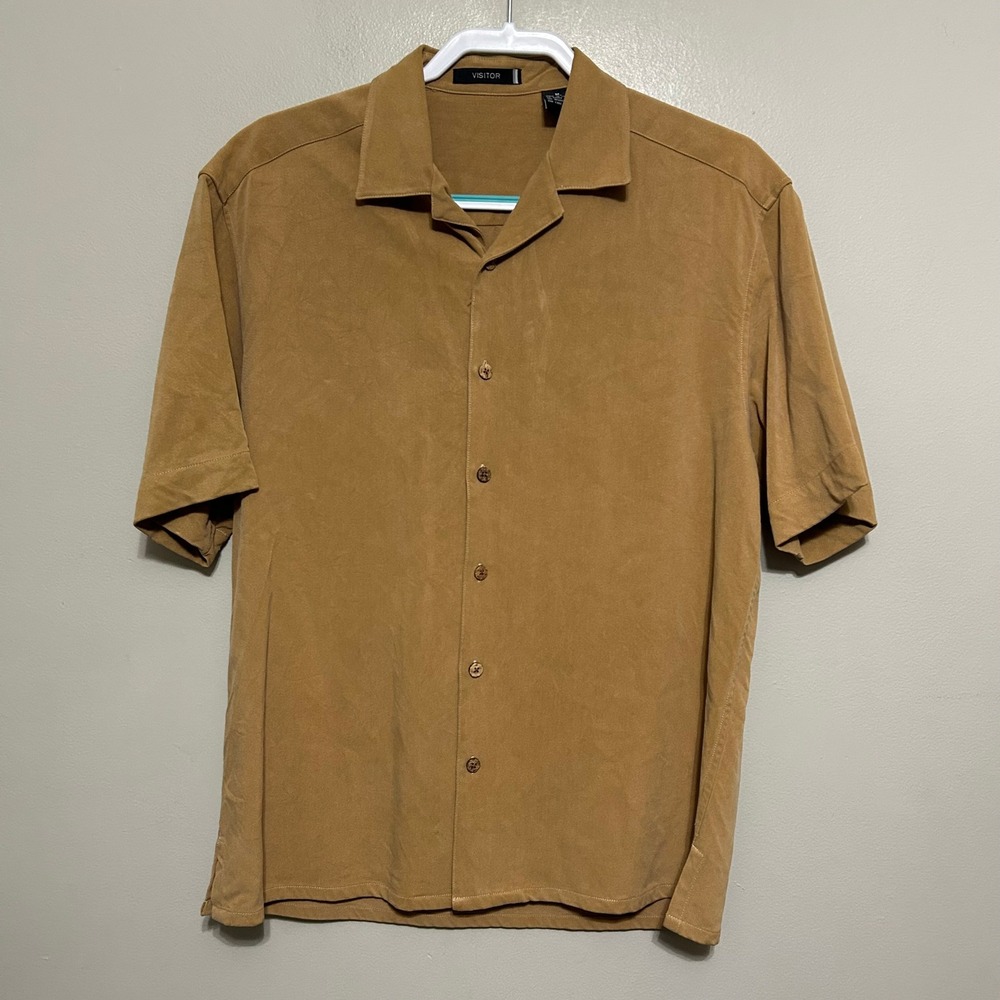 Visitor Men's Silk Button Up Shirt M Tan Brown Short Sleeve Camp Collar Luxury